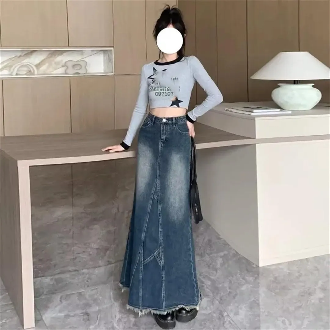 Women's Sensible Design Leaf-Shape Tail Skirt High-Waisted Side Slit Denim Skirt