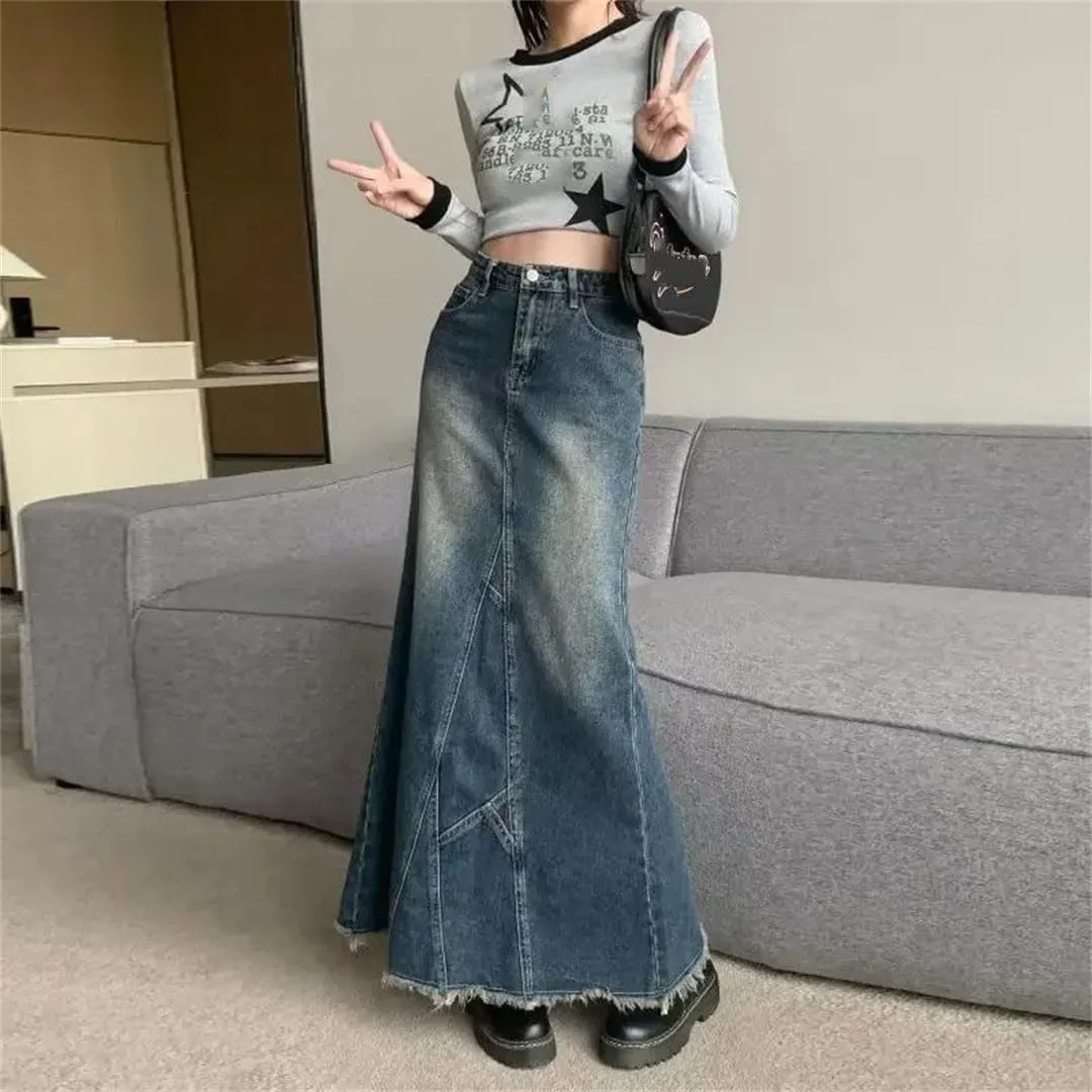 Women's Sensible Design Leaf-Shape Tail Skirt High-Waisted Side Slit Denim Skirt
