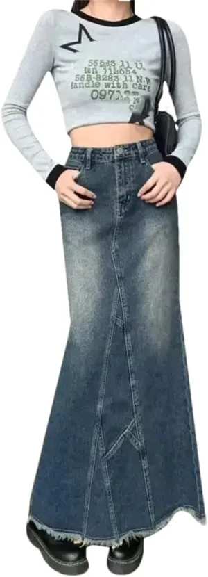 Women's Sensible Design Leaf-Shape Tail Skirt High-Waisted Side Slit Denim Skirt