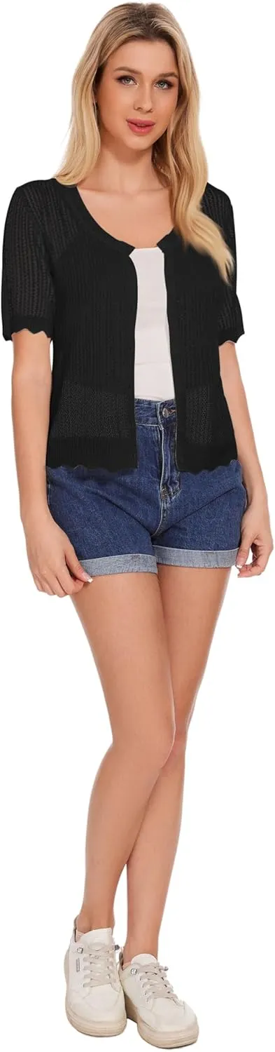 Women's Short Sleeve Summer Hollow Out Crew Neck Button Down Cardigan Sweater