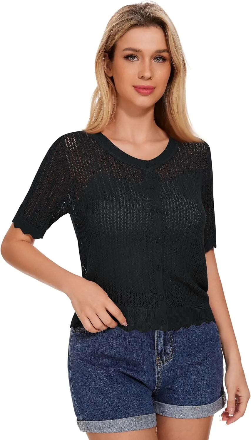 Women's Short Sleeve Summer Hollow Out Crew Neck Button Down Cardigan Sweater
