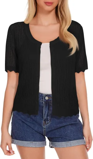 Women's Short Sleeve Summer Hollow Out Crew Neck Button Down Cardigan Sweater