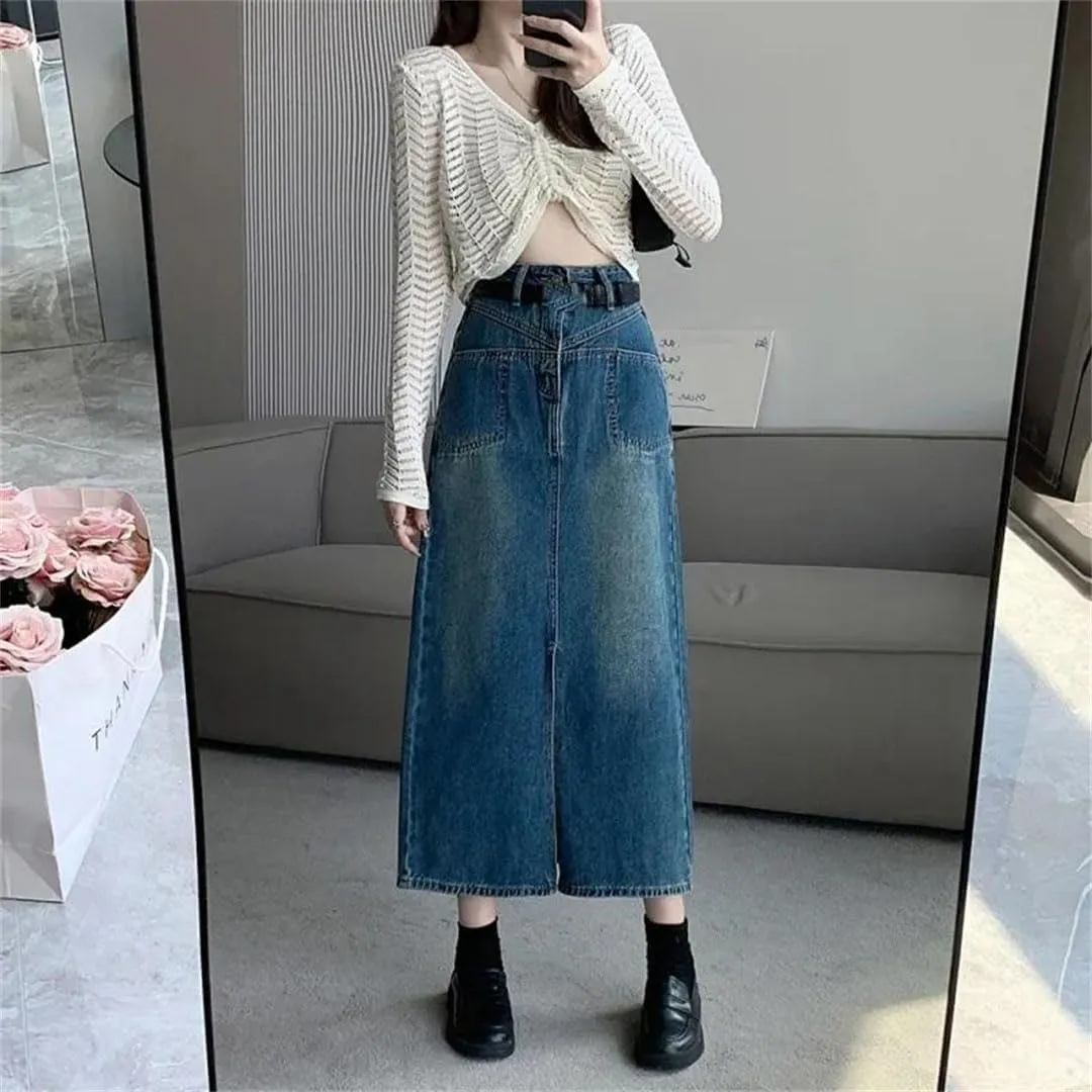 Women's Slimming Dresses Pear-Shaped Half-Length Denim High-Waisted A- Line Skirt
