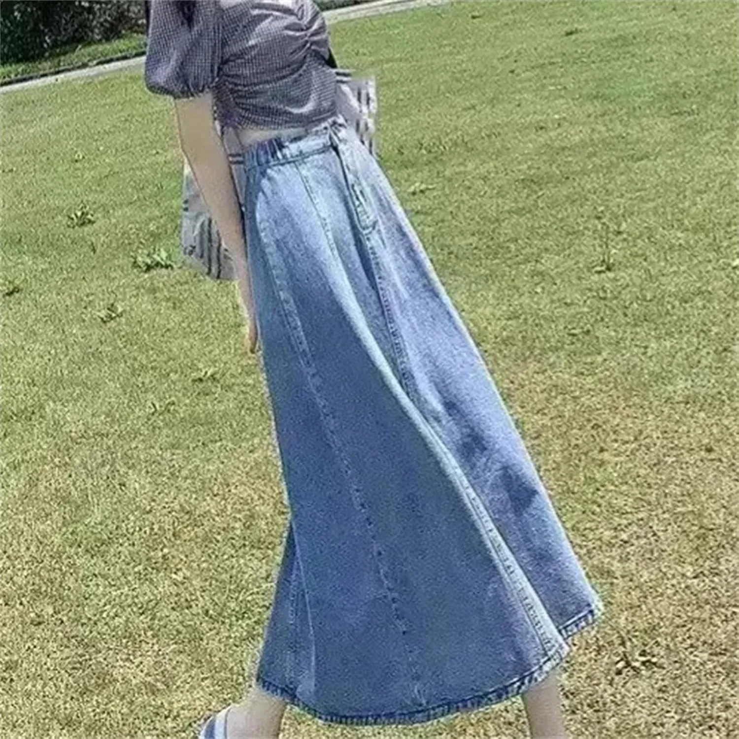 Women's Spring Summer Petite Denim Skirt  High-Waisted Medium-Length A-Line Elastic Bottom