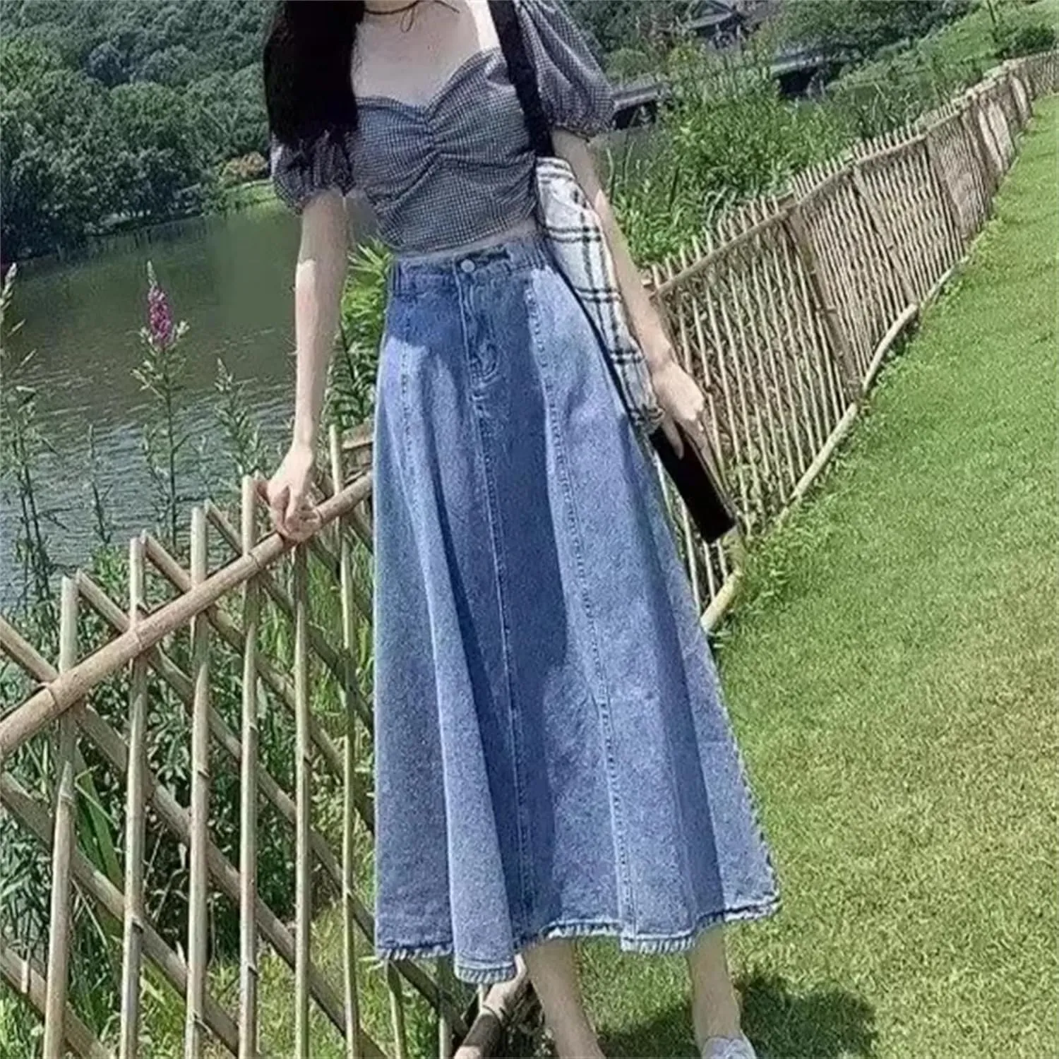 Women's Spring Summer Petite Denim Skirt  High-Waisted Medium-Length A-Line Elastic Bottom
