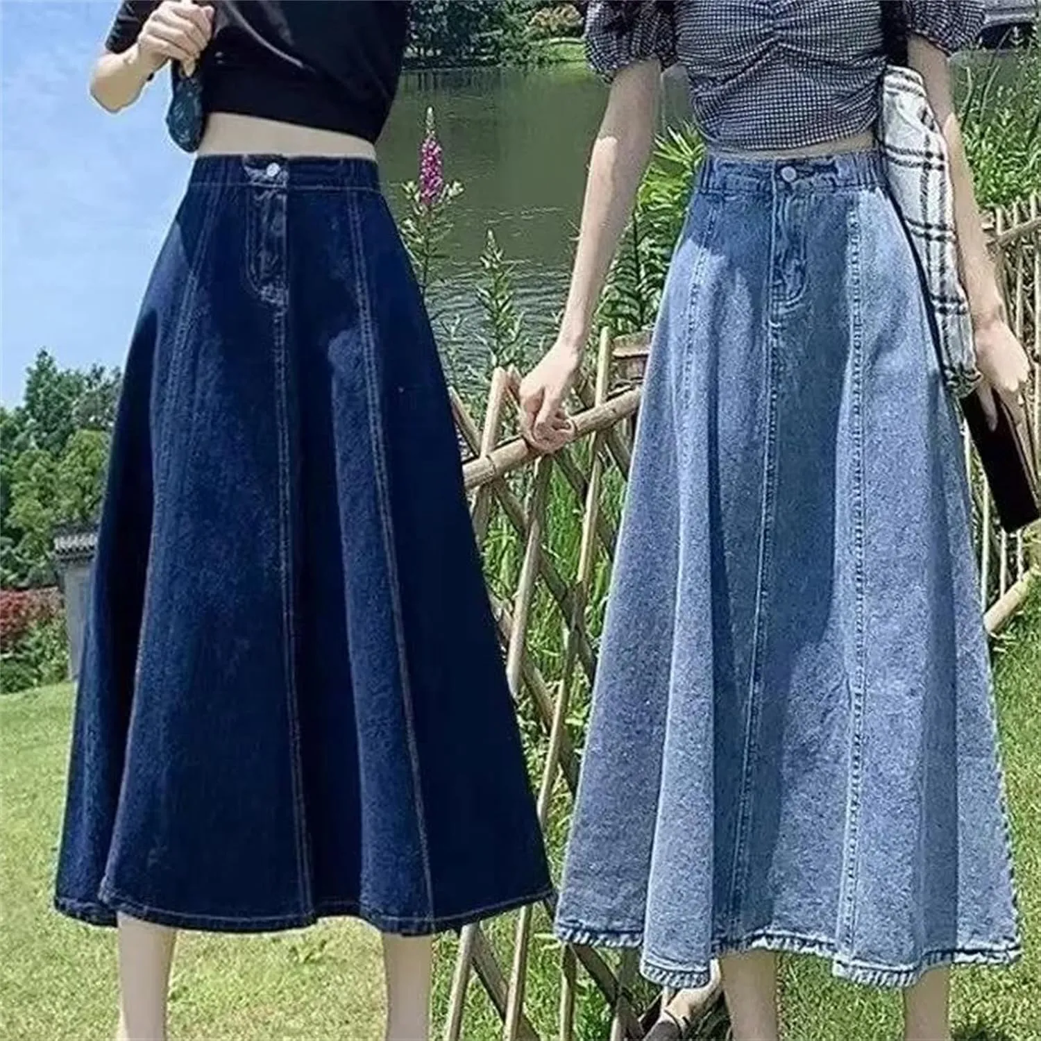 Women's Spring Summer Petite Denim Skirt  High-Waisted Medium-Length A-Line Elastic Bottom