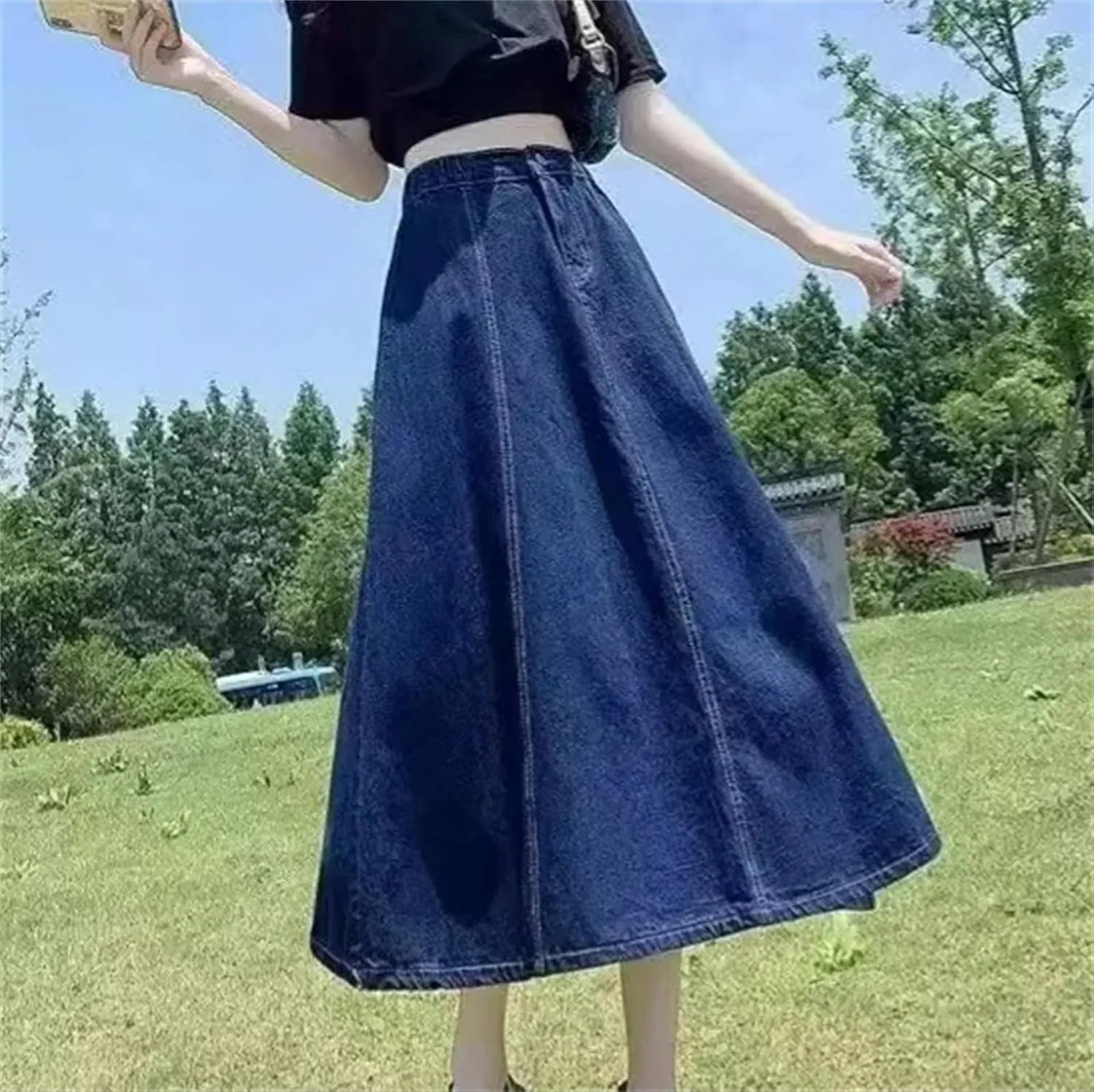 Women's Spring Summer Petite Denim Skirt  High-Waisted Medium-Length A-Line Elastic Bottom