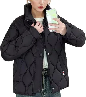 Women's Stand Collar Stripe Cotton-Padded Jacket Casual Long Sleeve Solid Parka Coat
