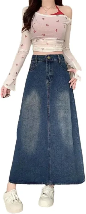 Women's Style Plus Size Korean Vintage High-Waisted A- Line Denim Skirt
