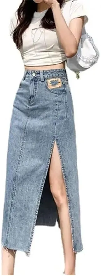 Women's Style Side Slit Denim High-Waisted A- Line Sensibility Design Sensual Curvy Hip Package Long Skirt
