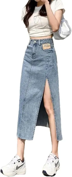 Women's Style Side Slit Denim High-Waisted A- Line Sensibility Design Sensual Curvy Hip Package Long Skirt
