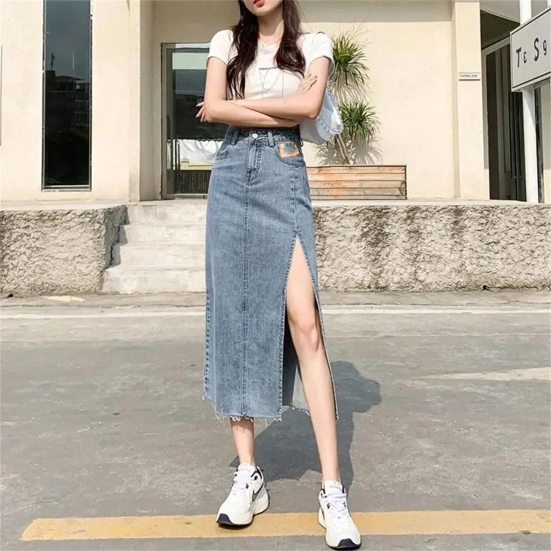 Women's Style Side Slit Denim High-Waisted A- Line Sensibility Design Sensual Curvy Hip Package Long Skirt