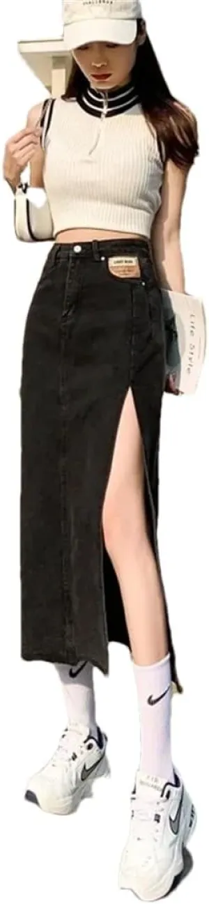 Women's Style Side Slit Denim High-Waisted A- Line Sensibility Design Sensual Curvy Hip Package Long Skirt