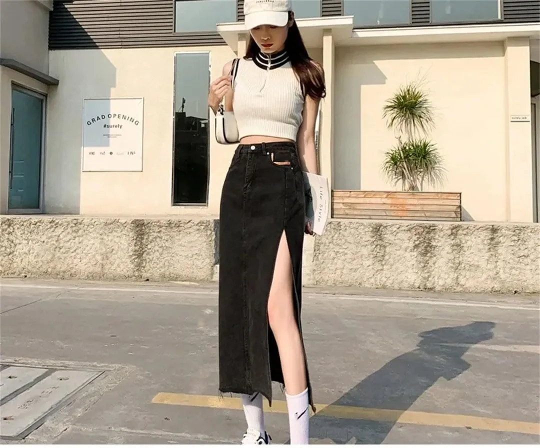 Women's Style Side Slit Denim High-Waisted A- Line Sensibility Design Sensual Curvy Hip Package Long Skirt