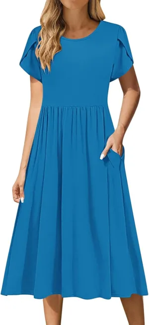 Women's Summer Short Sleeve A-Line Midi Dresses Casual Crewneck T-Shirt Dresses Flowy Beach Sundress with Pockets