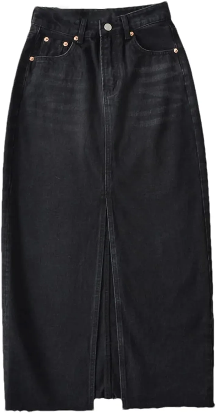 Women's Summer Side Slits Long Denim Skirts Casual High Waisted Black Straight Maxi Jean Skirt