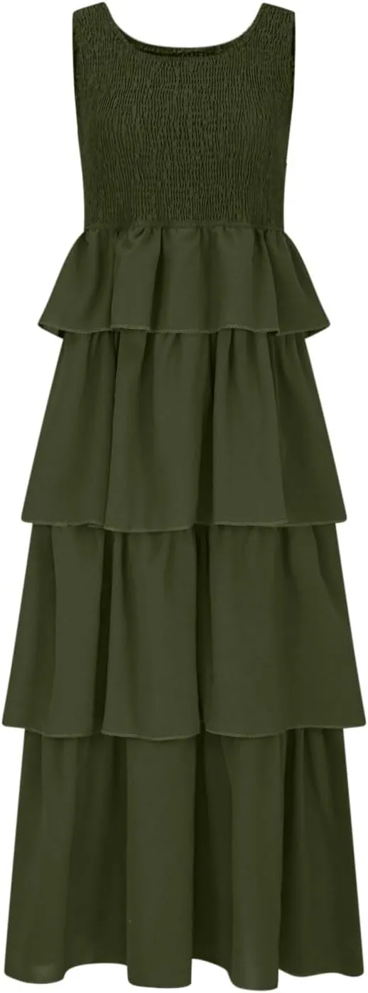 Womens Summer Sleeveless Midi Dress Scoop Neck A Line Dresses Smocked Ruffle Tiered Layered Beach Vacation Sundress