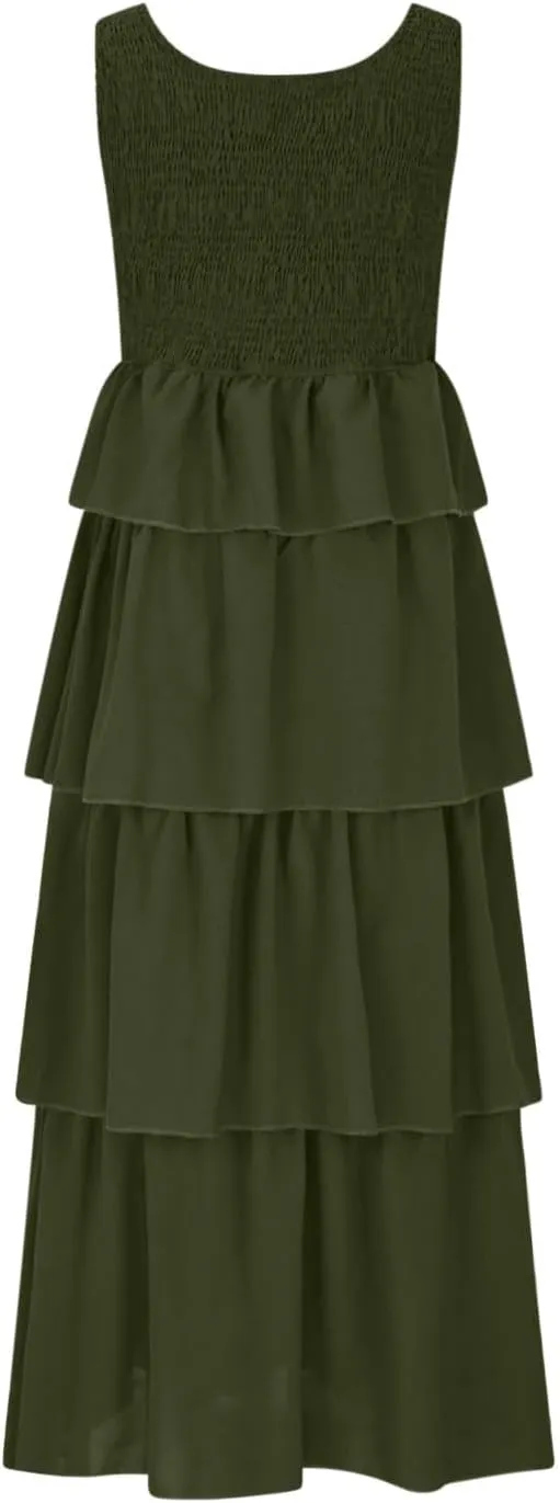 Womens Summer Sleeveless Midi Dress Scoop Neck A Line Dresses Smocked Ruffle Tiered Layered Beach Vacation Sundress