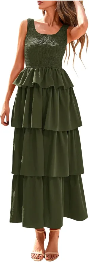 Womens Summer Sleeveless Midi Dress Scoop Neck A Line Dresses Smocked Ruffle Tiered Layered Beach Vacation Sundress