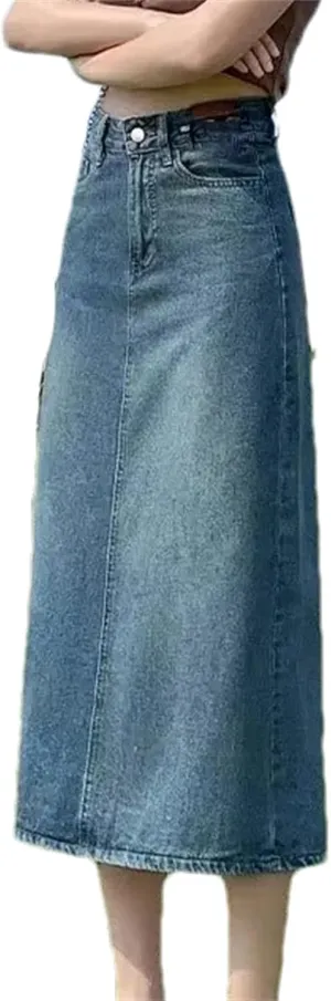 Women's Vintage High-Waisted Denim Skirt  Slimming A-Line Medium-Length Elegant Spring Summer Skirt