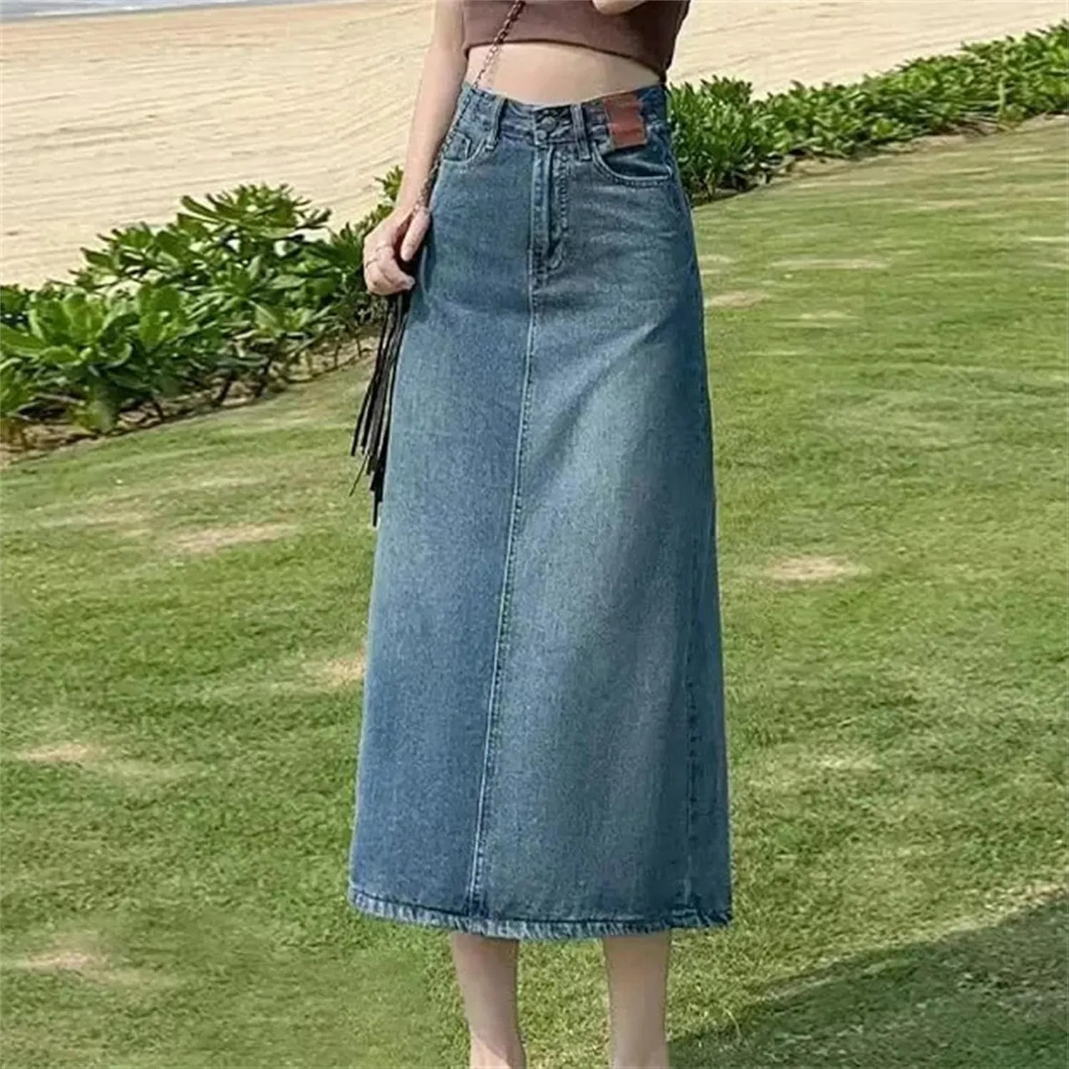 Women's Vintage High-Waisted Denim Skirt  Slimming A-Line Medium-Length Elegant Spring Summer Skirt