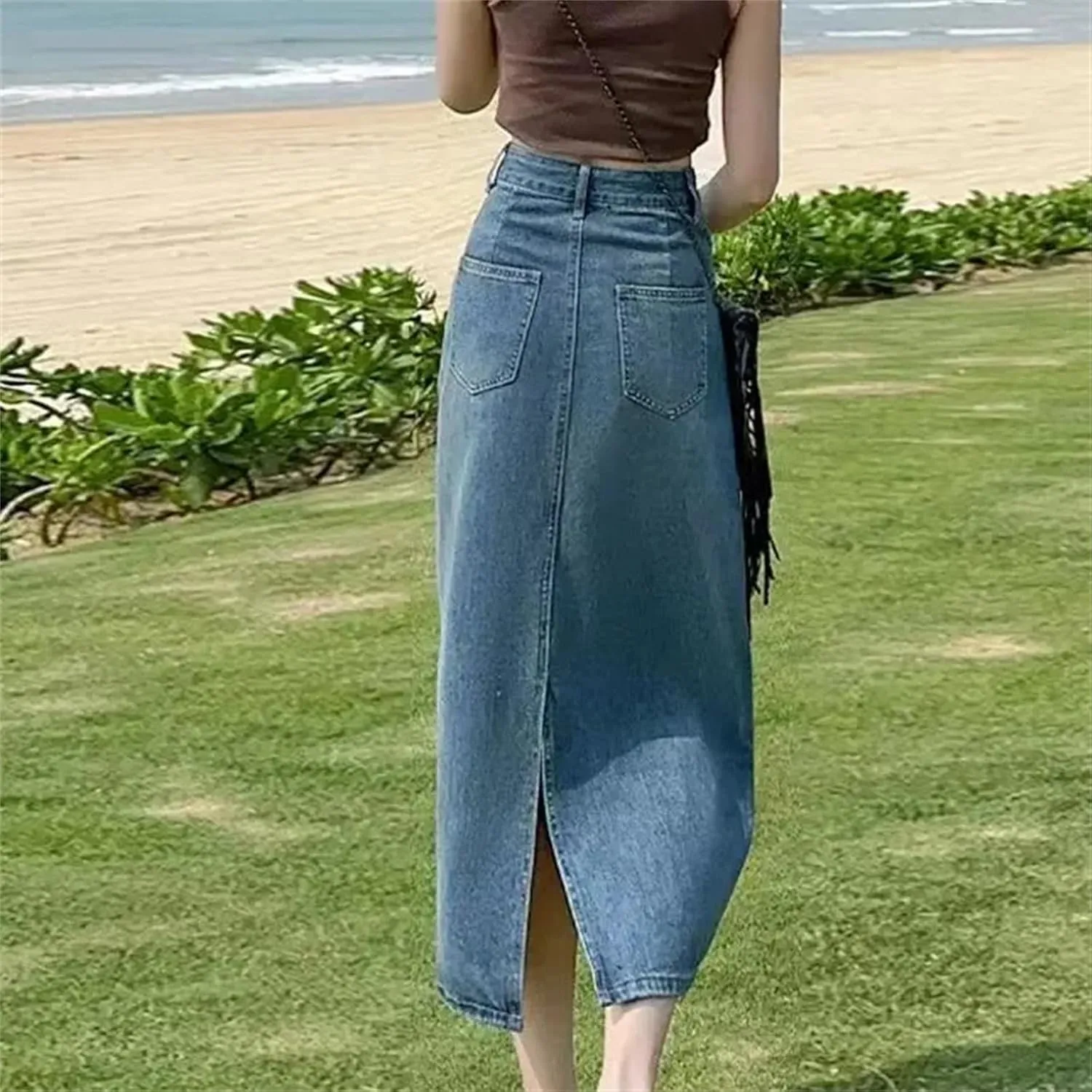 Women's Vintage High-Waisted Denim Skirt  Slimming A-Line Medium-Length Elegant Spring Summer Skirt