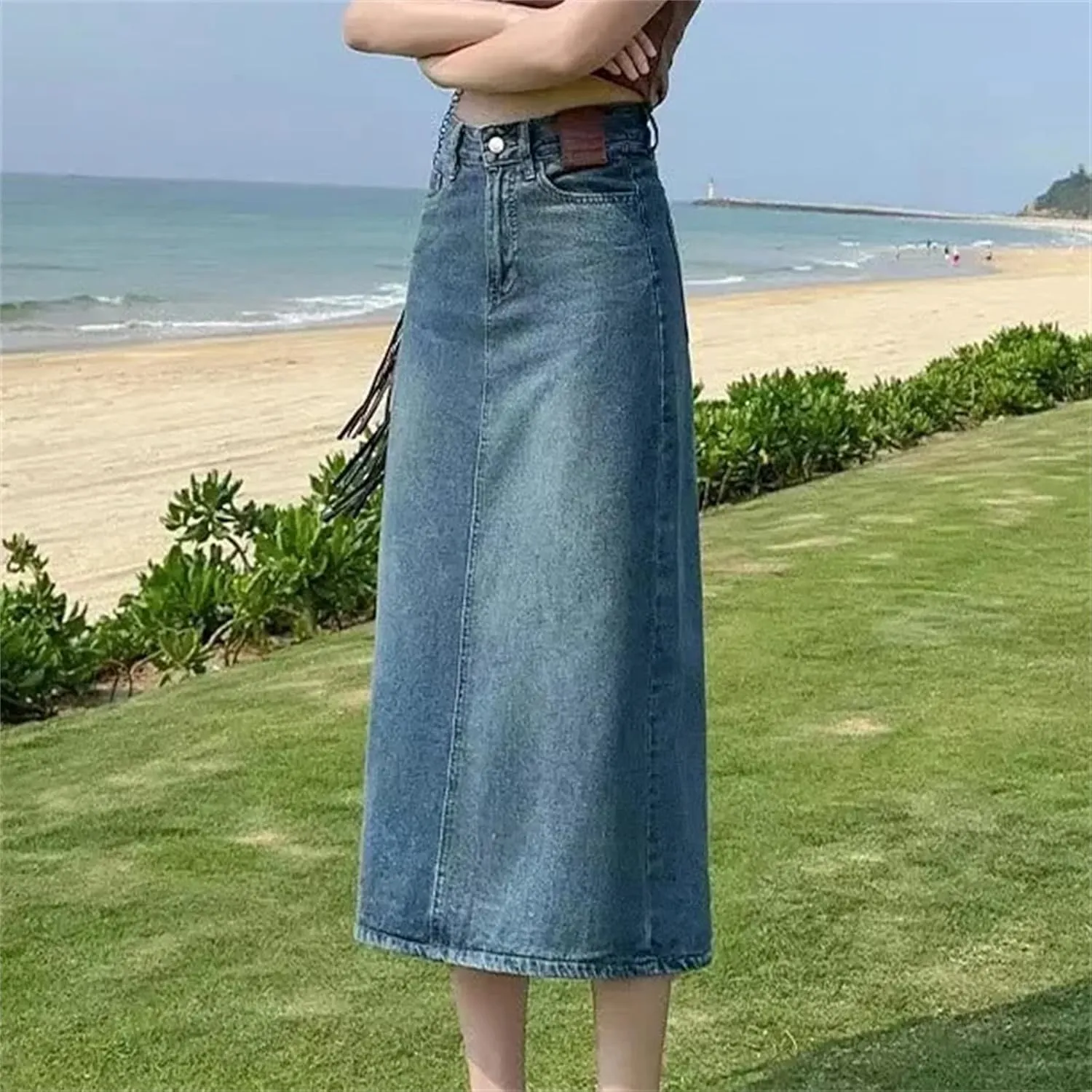 Women's Vintage High-Waisted Denim Skirt  Slimming A-Line Medium-Length Elegant Spring Summer Skirt