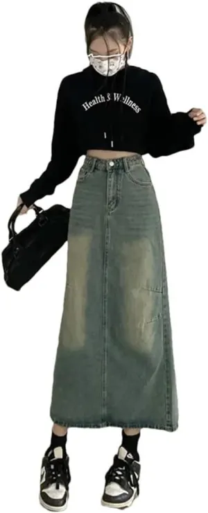 Women's Vintage High-Waisted Denim Style Distressed Washed Medium Length Hip Covering Skirt