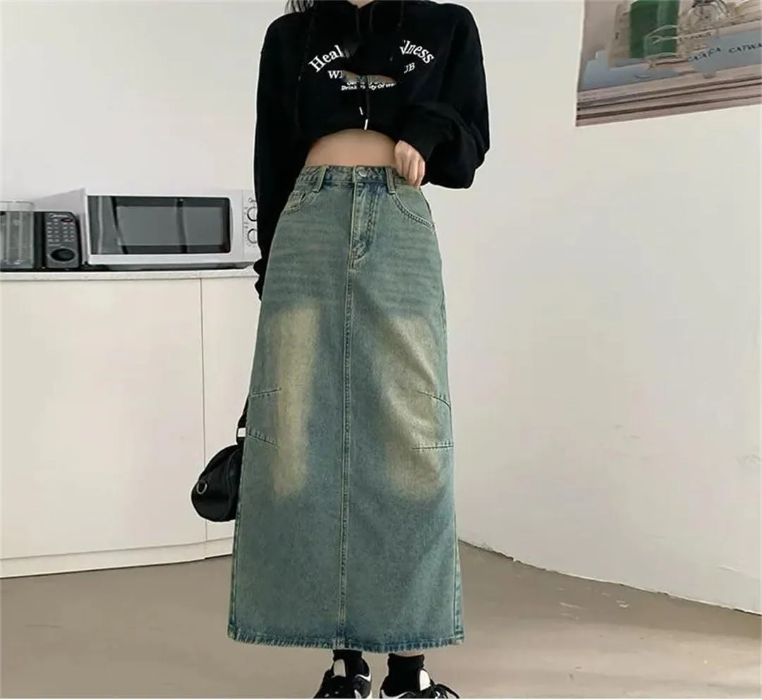 Women's Vintage High-Waisted Denim Style Distressed Washed Medium Length Hip Covering Skirt