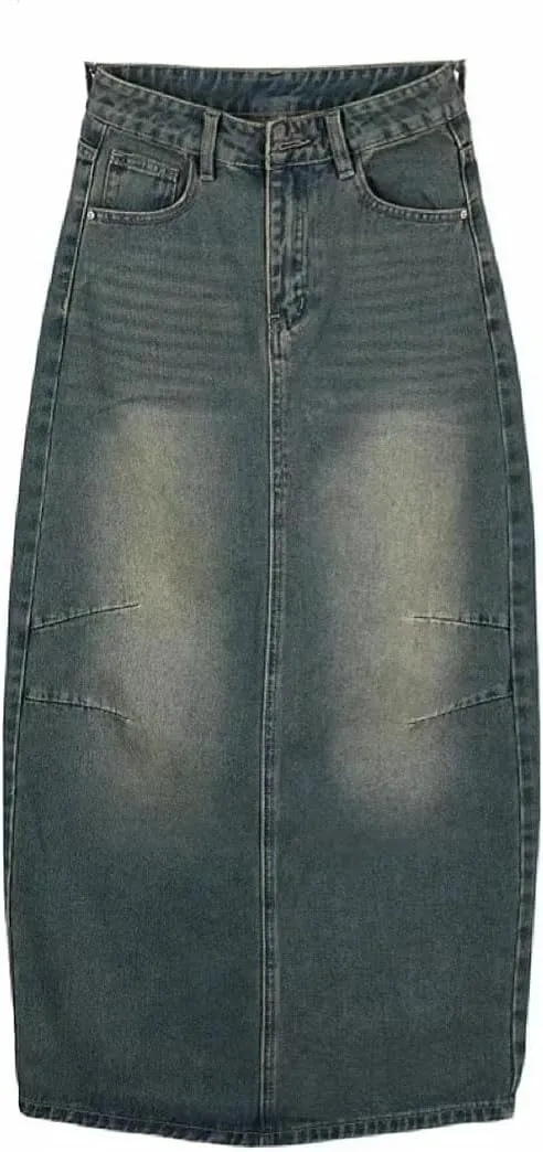 Women's Vintage High-Waisted Denim Style Distressed Washed Medium Length Hip Covering Skirt