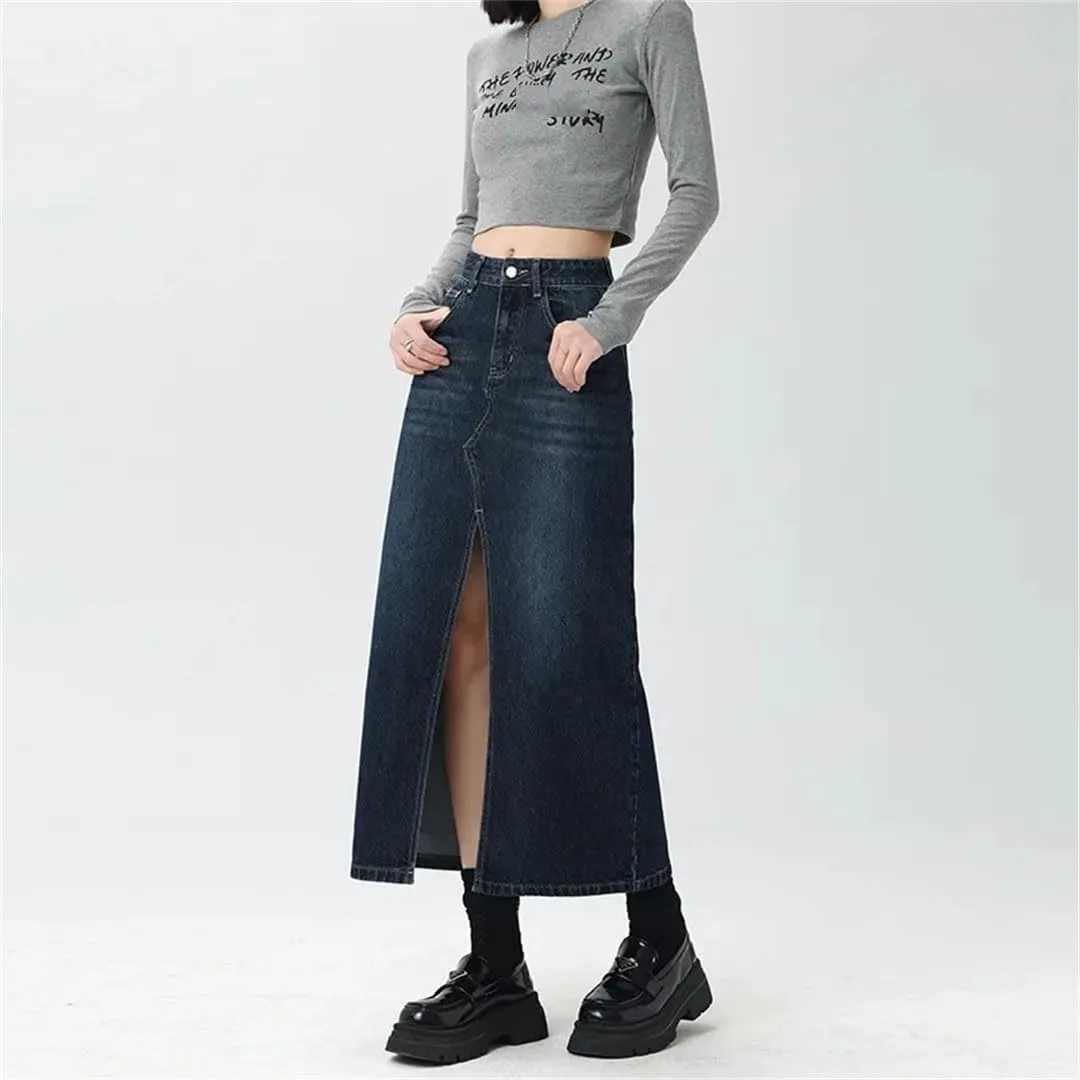 Women's Vintage Style High-Waisted Side Slit Denim Skirt Loose Fit Slimming Long Bodycon Skirt