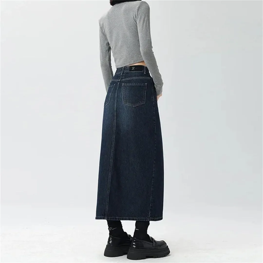 Women's Vintage Style High-Waisted Side Slit Denim Skirt Loose Fit Slimming Long Bodycon Skirt