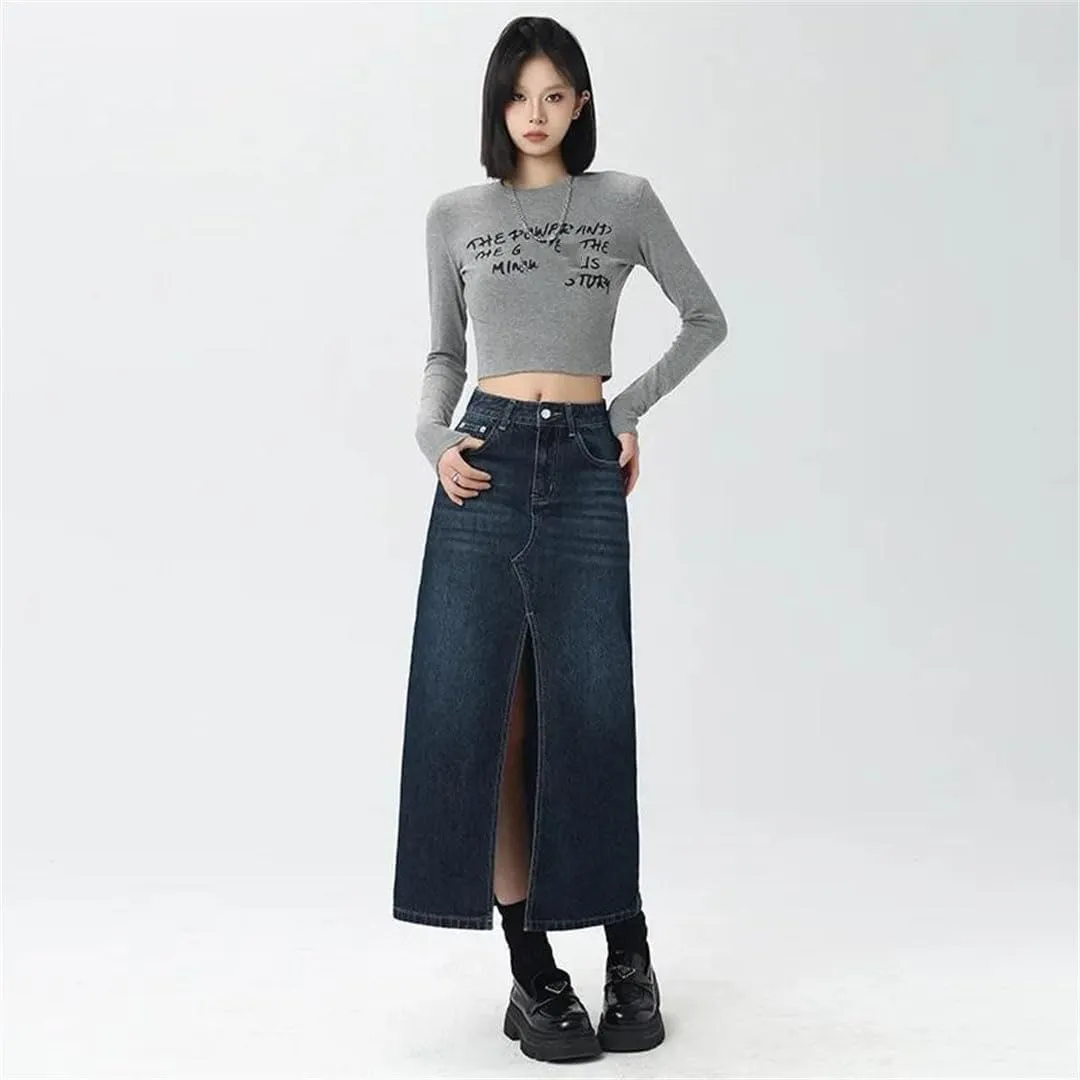 Women's Vintage Style High-Waisted Side Slit Denim Skirt Loose Fit Slimming Long Bodycon Skirt