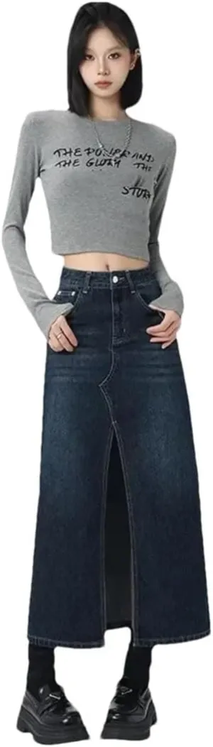 Women's Vintage Style High-Waisted Side Slit Denim Skirt Loose Fit Slimming Long Bodycon Skirt