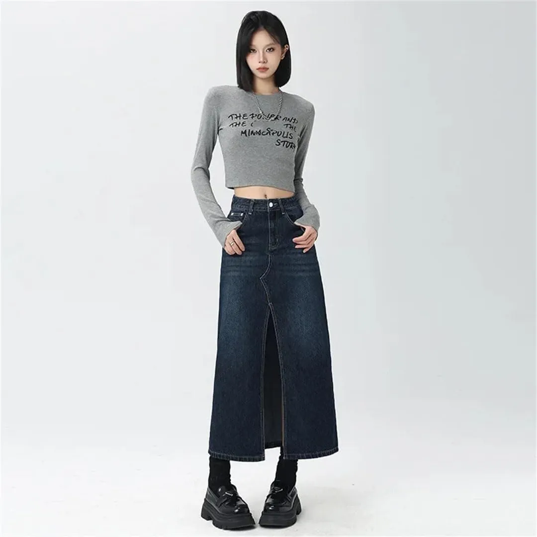 Women's Vintage Style High-Waisted Side Slit Denim Skirt Loose Fit Slimming Long Bodycon Skirt