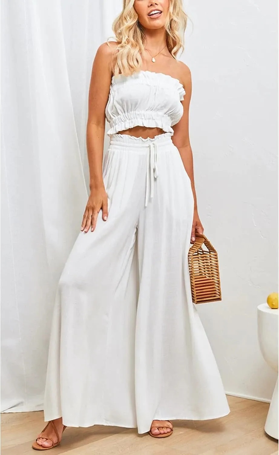 Women's Wide Leg Palazzo Maxi Flowy Pants Elastic High Waist Casual Drawstring Lounge Culotte with Pocket