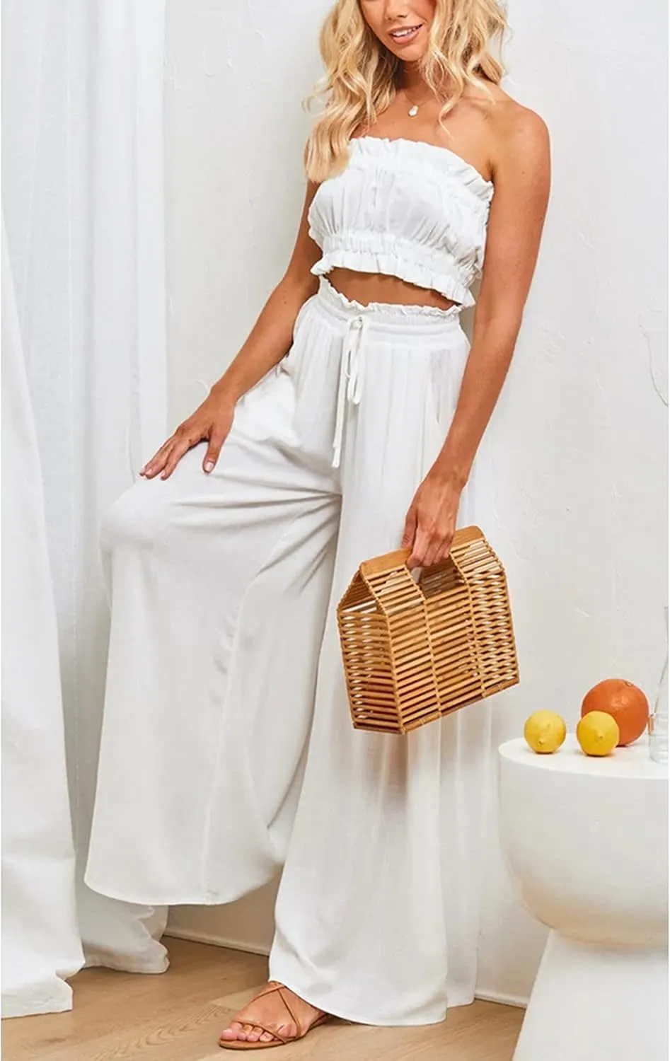 Women's Wide Leg Palazzo Maxi Flowy Pants Elastic High Waist Casual Drawstring Lounge Culotte with Pocket
