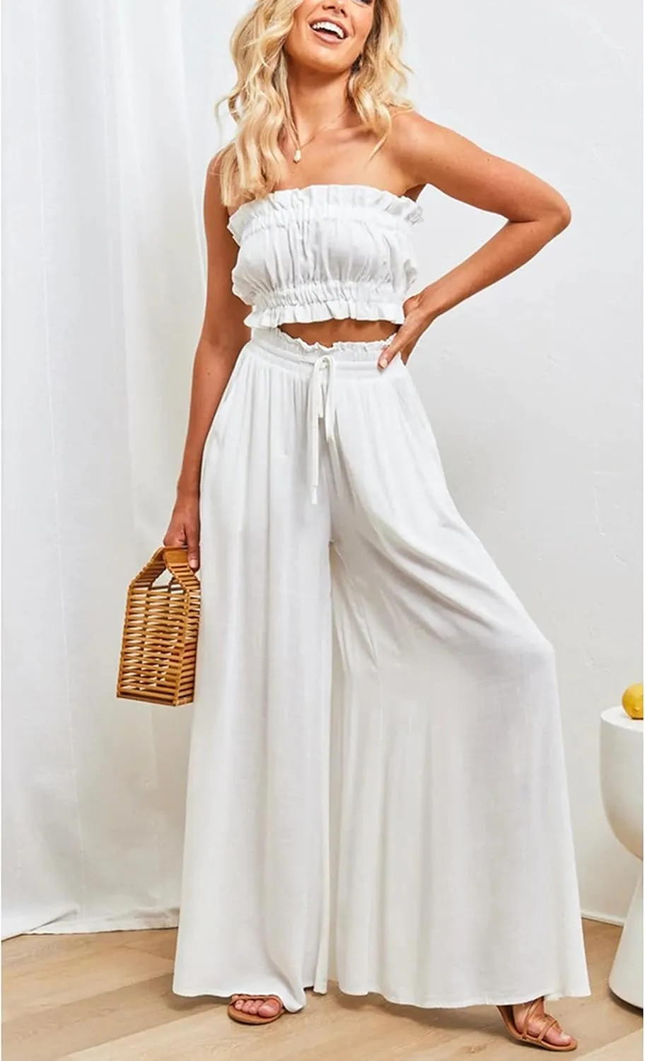 Women's Wide Leg Palazzo Maxi Flowy Pants Elastic High Waist Casual Drawstring Lounge Culotte with Pocket