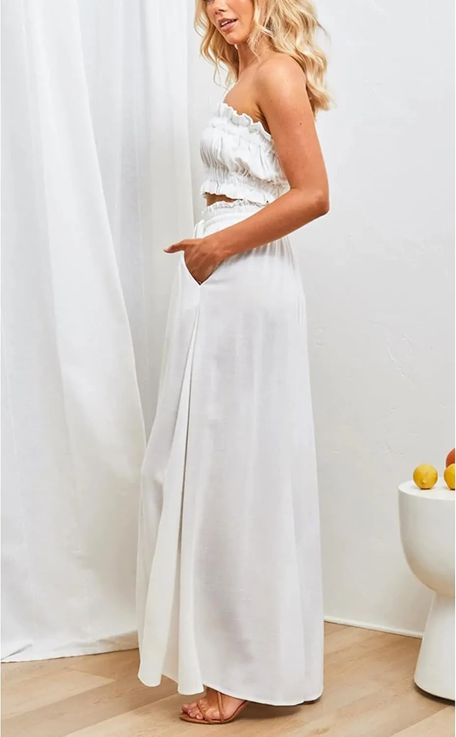 Women's Wide Leg Palazzo Maxi Flowy Pants Elastic High Waist Casual Drawstring Lounge Culotte with Pocket