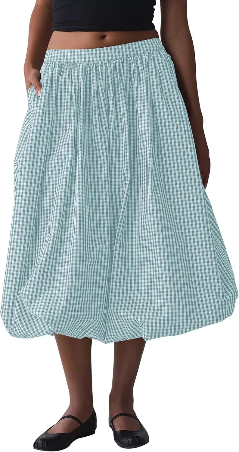 Women's Y2k Bubble Midi Skirt Plaid Elastic High Waist A Line Summer Casual Fairy Ruffle Long Skirt