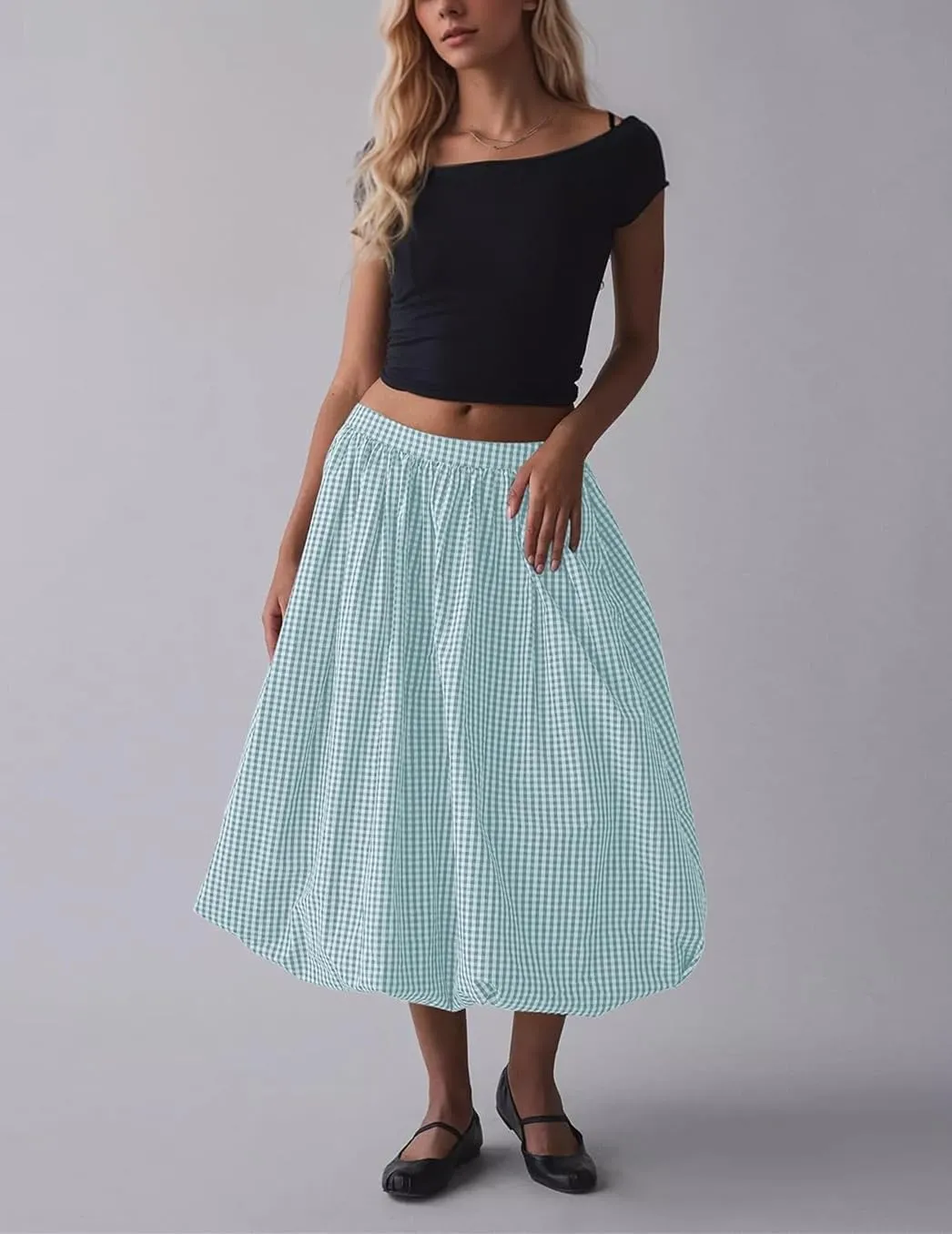 Women's Y2k Bubble Midi Skirt Plaid Elastic High Waist A Line Summer Casual Fairy Ruffle Long Skirt