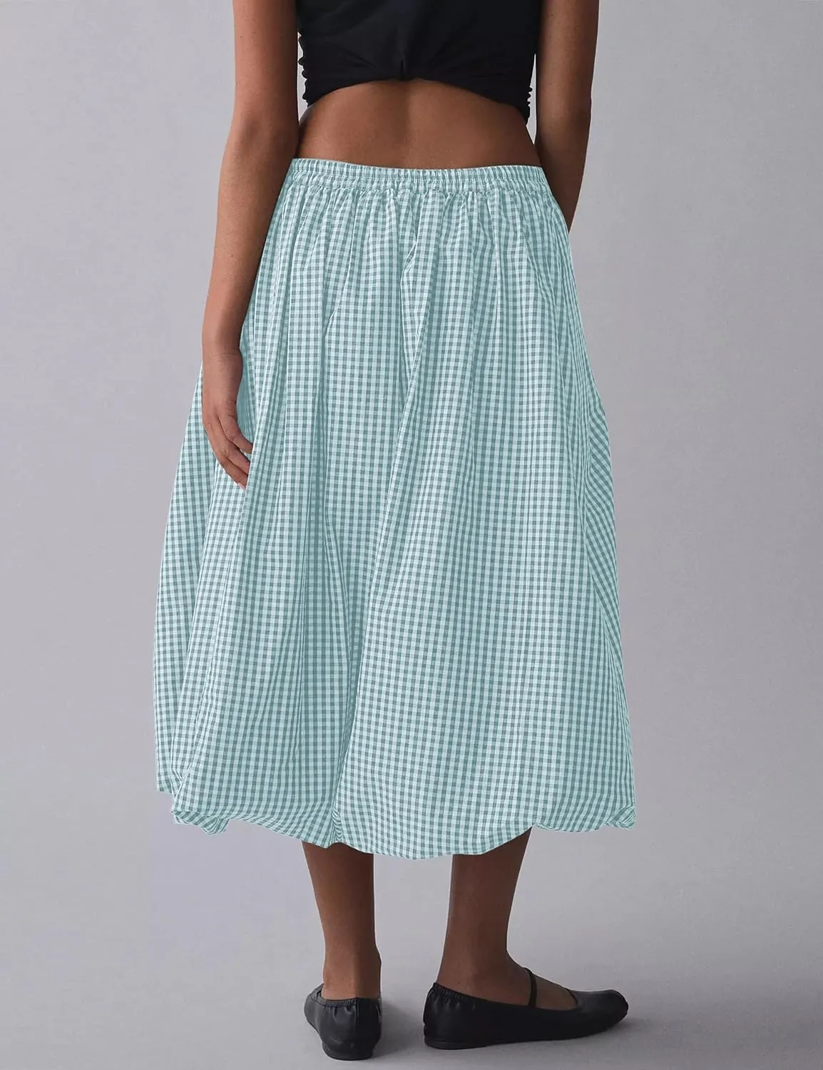 Women's Y2k Bubble Midi Skirt Plaid Elastic High Waist A Line Summer Casual Fairy Ruffle Long Skirt