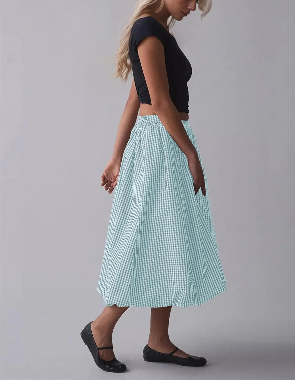 Women's Y2k Bubble Midi Skirt Plaid Elastic High Waist A Line Summer Casual Fairy Ruffle Long Skirt