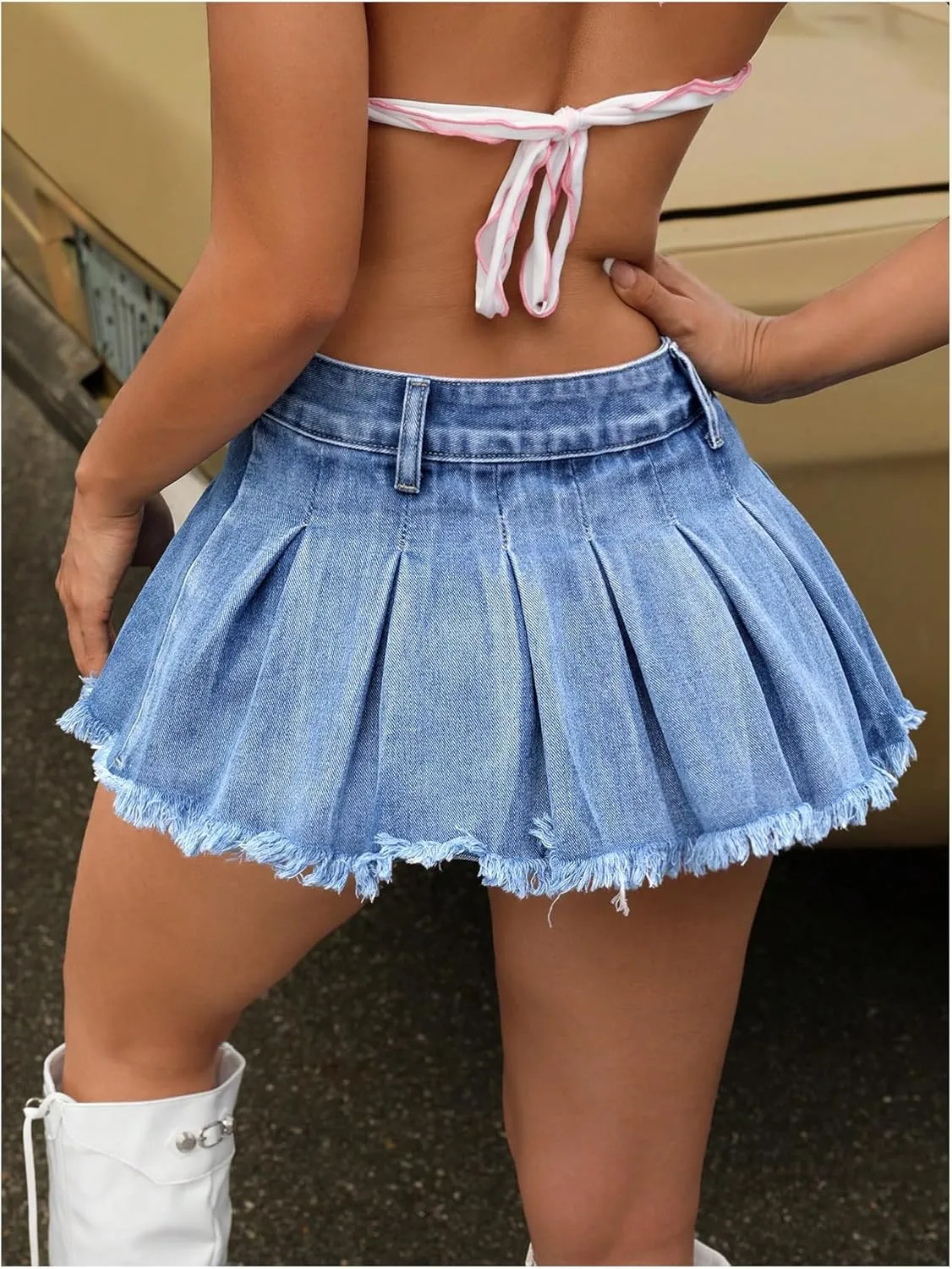 Women's Y2K Low Waist Pleated Denim Skirt Zipper Raw Hem Mini Skirt Casual Ruffle Jean Skirt