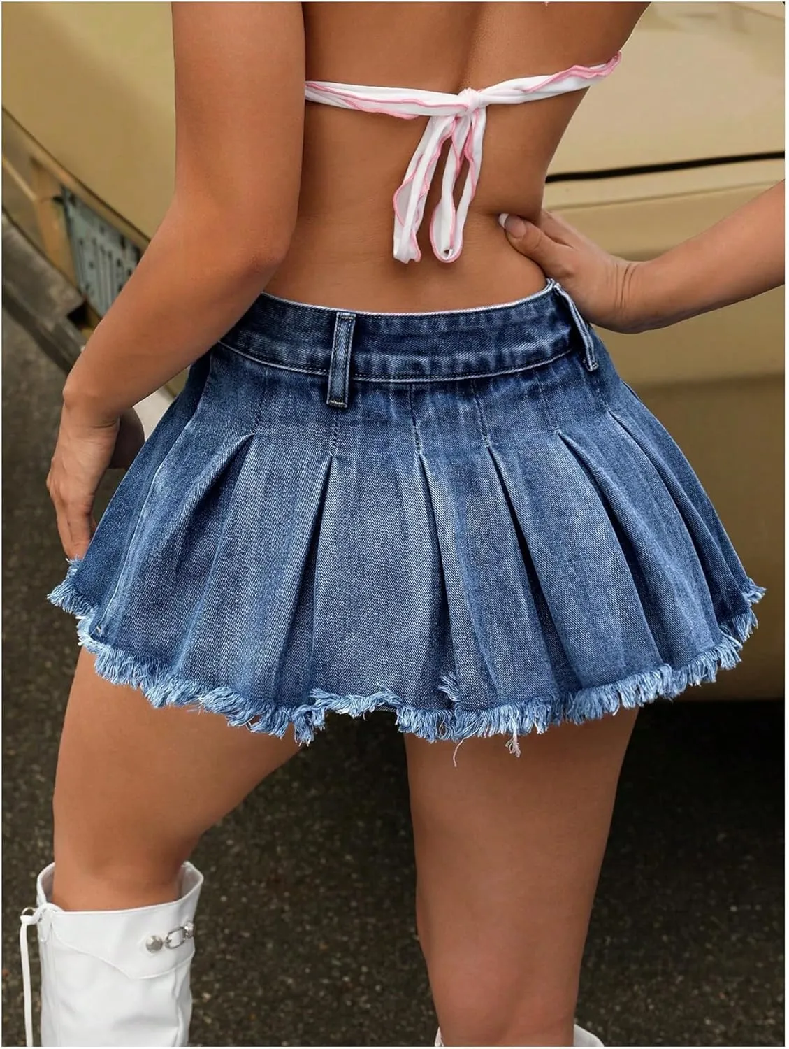 Women's Y2K Low Waist Pleated Denim Skirt Zipper Raw Hem Mini Skirt Casual Ruffle Jean Skirt