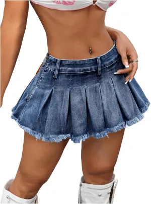 Women's Y2K Low Waist Pleated Denim Skirt Zipper Raw Hem Mini Skirt Casual Ruffle Jean Skirt