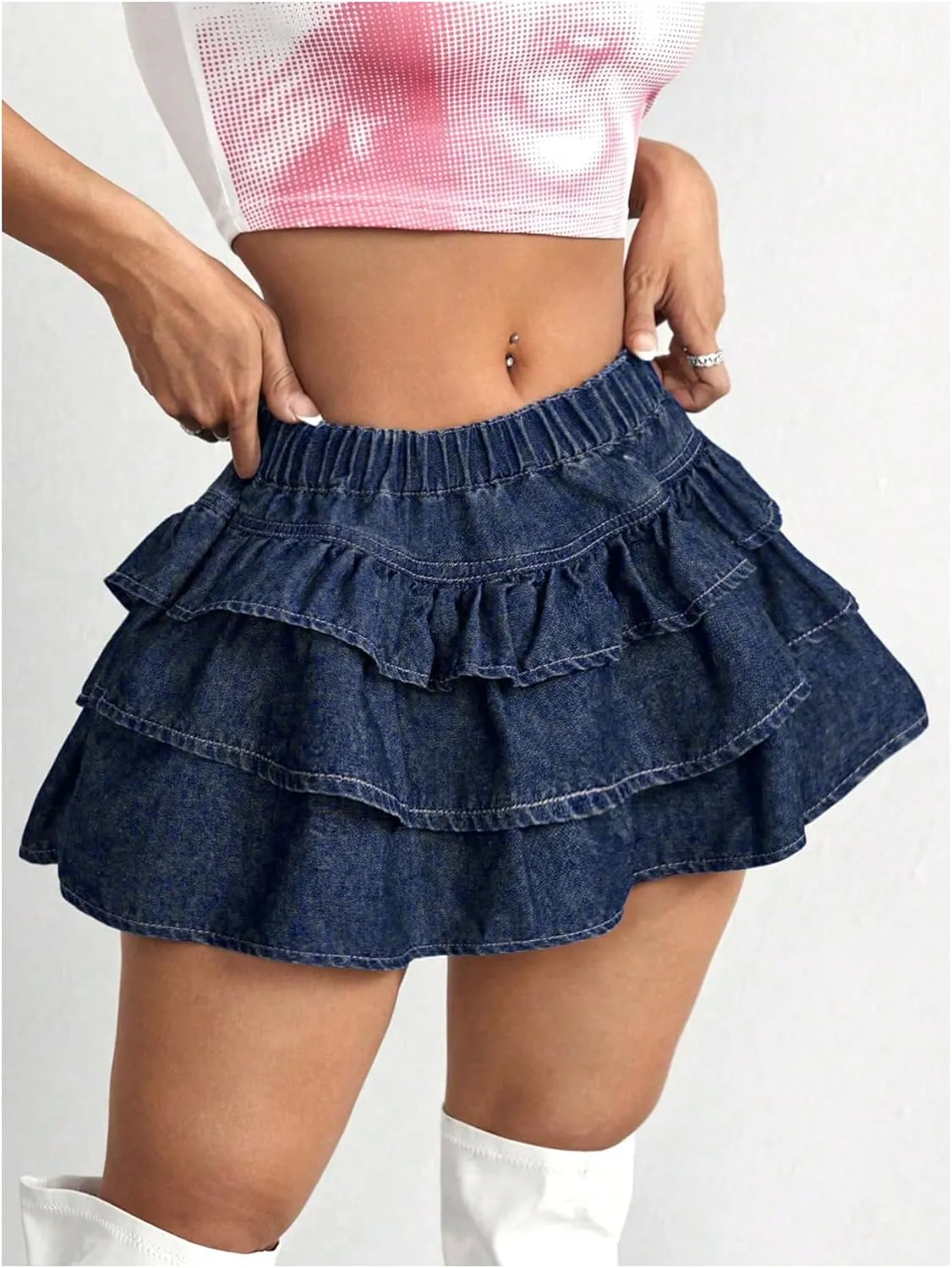 Women's Y2K Solid Ruffle Denim Skirt Drop Low Waist A Line Jean Skirt Casual Tiered Layer Hem Tiered Mini Skirt