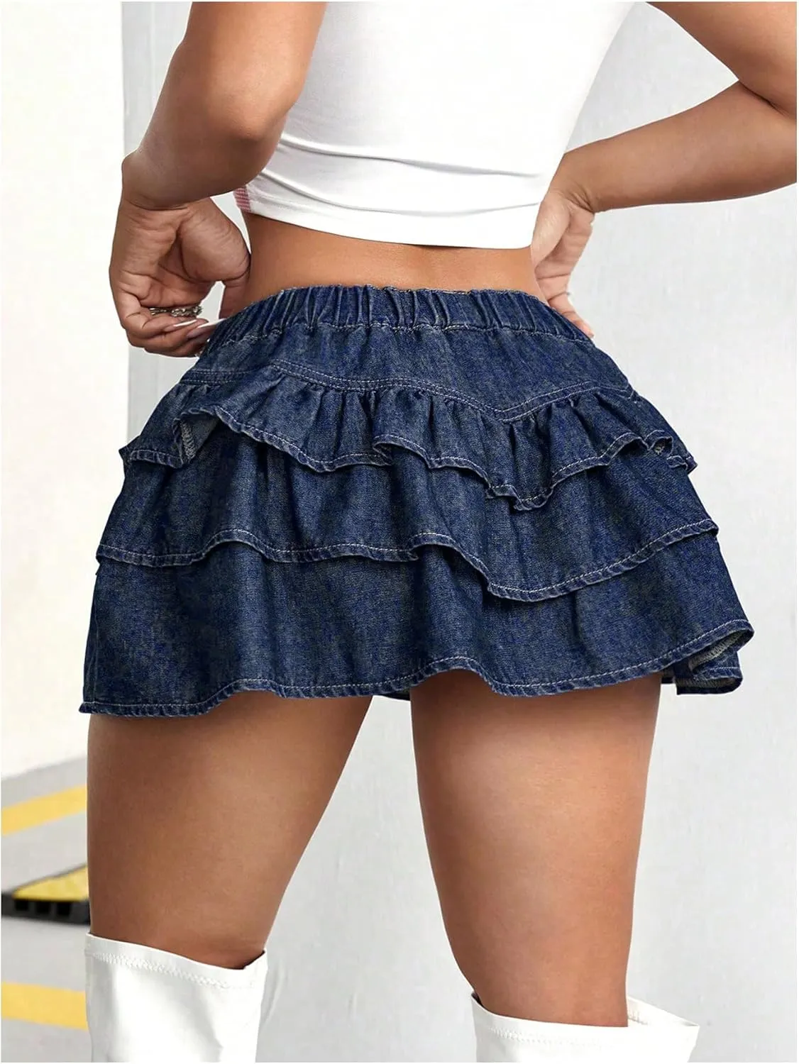 Women's Y2K Solid Ruffle Denim Skirt Drop Low Waist A Line Jean Skirt Casual Tiered Layer Hem Tiered Mini Skirt