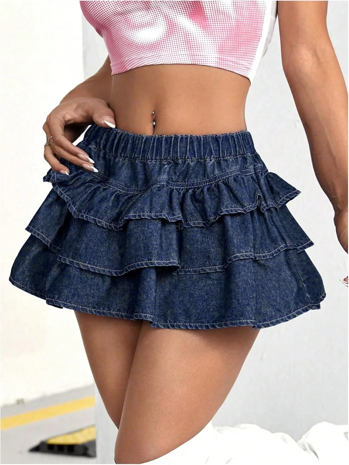Women's Y2K Solid Ruffle Denim Skirt Drop Low Waist A Line Jean Skirt Casual Tiered Layer Hem Tiered Mini Skirt