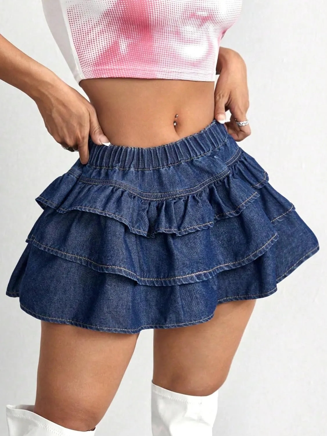Women's Y2K Solid Ruffle Denim Skirt Drop Low Waist A Line Jean Skirt Casual Tiered Layer Hem Tiered Mini Skirt